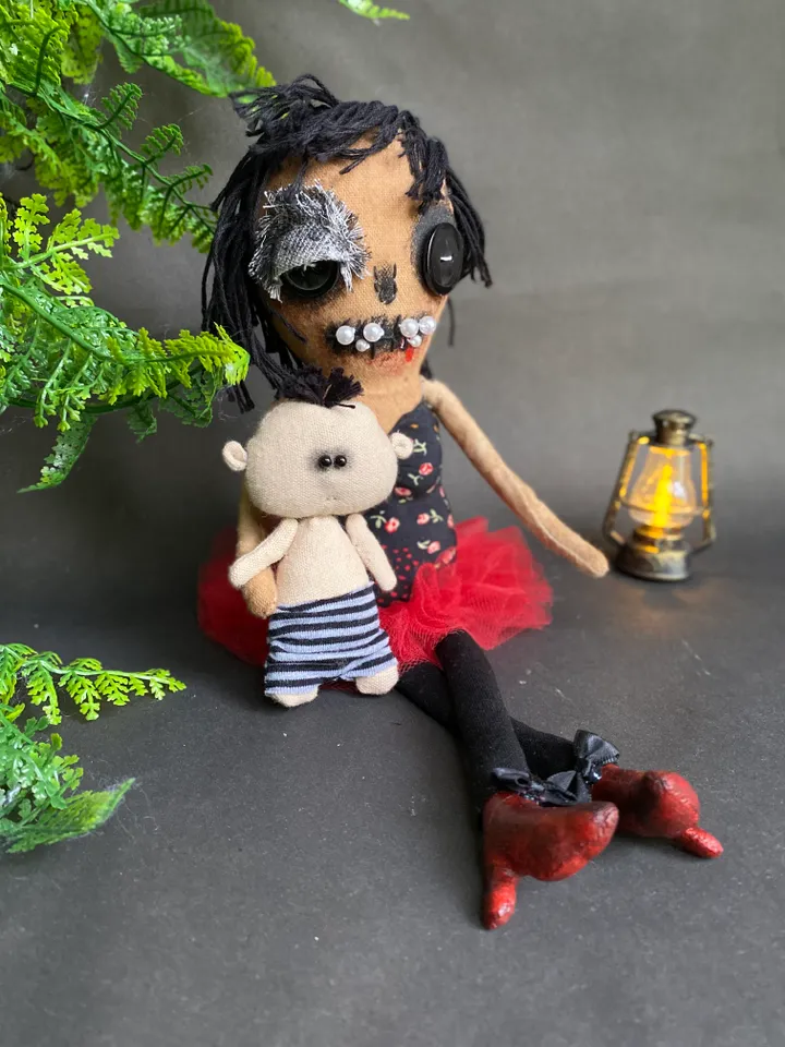 zombie family mother and son. handmade cloth dolls