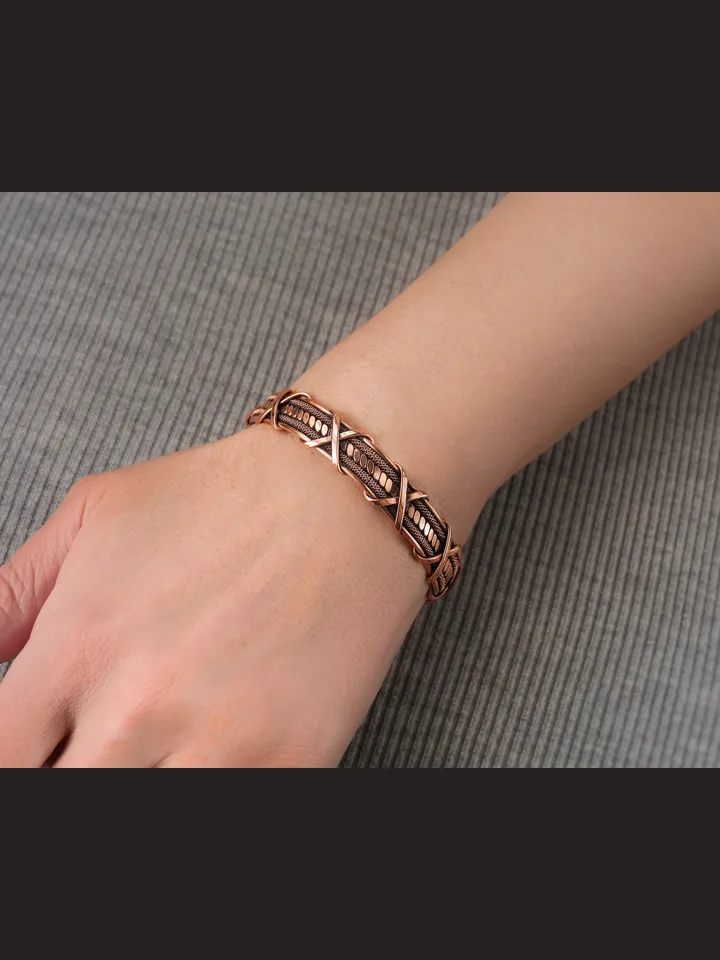 Wire wrapped bracelet, Unique 7th 22nd Anniversary gift idea, Art Nouveau antique style, One of kind braided statement bangle, Handmade oxidized pure copper jewelry, Pain relief, EMF protection