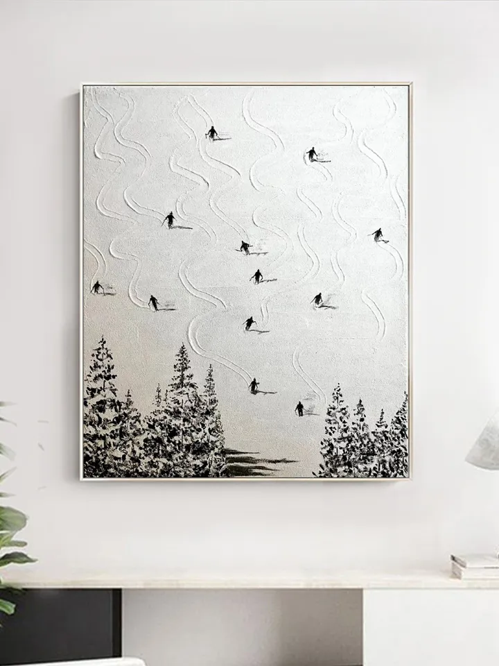 Original Ski Sport Painting on Canvas, Winter Decor, Texture Wall Art, Personalized Gift, Skier on Snowy Mountain Art, White Snow Skiing Art
