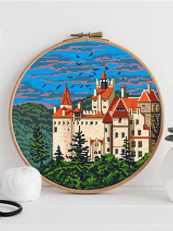 Dracula's Castle cross stitch pattern download PDF Old Bran castle embroidery PDF, Nature landscape cross stitch Medieval castle picture #C4