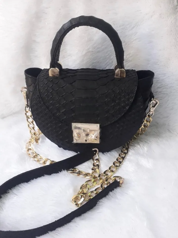 Genuine Python Skin Crosshandle Elegant Black Bag | Exotic Leather Bags | Designer Bags | Handmade Chain Crossbody Handle Women Classy Purse