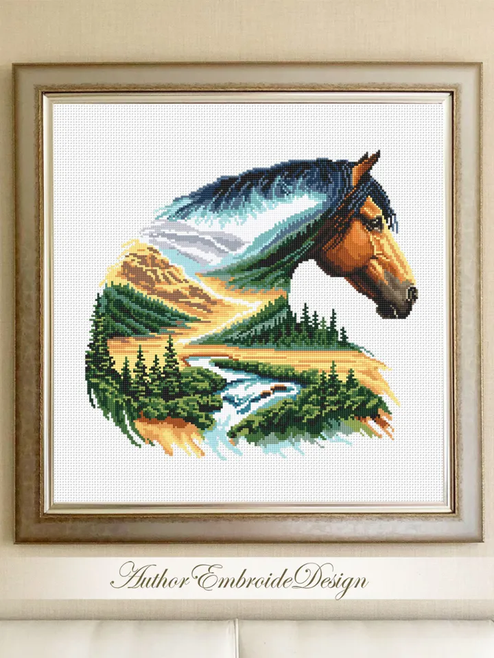 Watercolor horse cross stitch pattern PDF download Nature landscape cross stitch chart, Horse pattern digital PDF, Gift for horse lover #L82