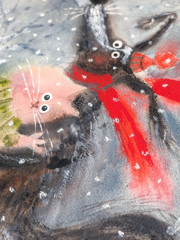 27×27cm Artwork by Julia Schigal "Winter Love" - watercolor, gouache, pastel