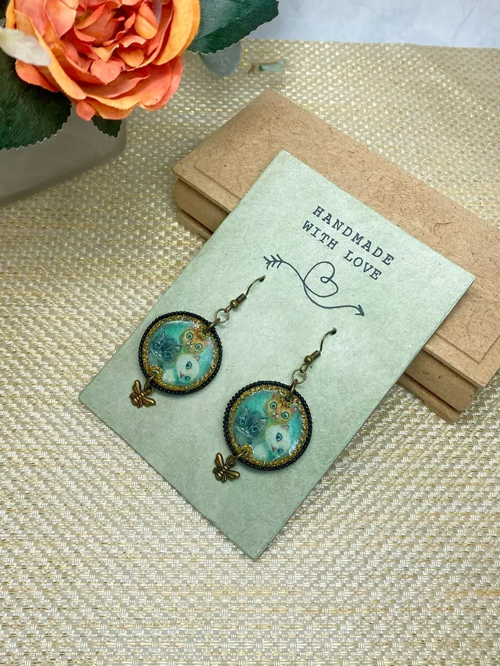 Earrings with cats. UV resin. Handmade.
