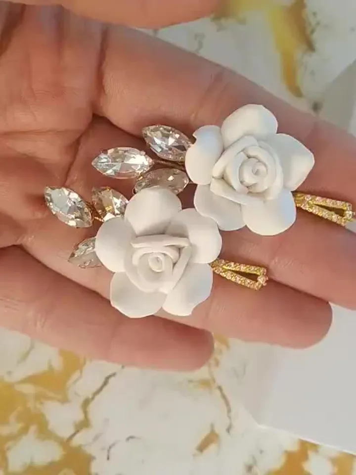 Boho Wedding Earrings, Porcelain Flower Bridal Earrings, Floral Statement Wedding Earrings, Gold Statement Wedding Jewelry, Opal Jewellery