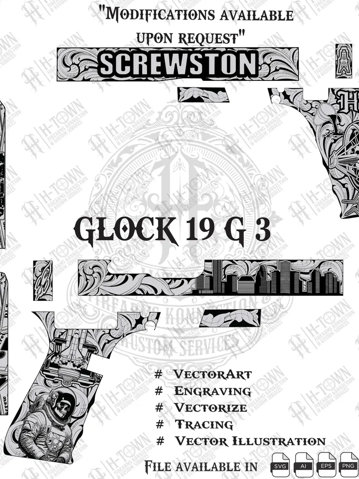 Glock 19 Gen 3 Screwston Engraving | DJ Screw Vector Design | Urban Grip Svg Png AI Eps | Laser Stipple Template