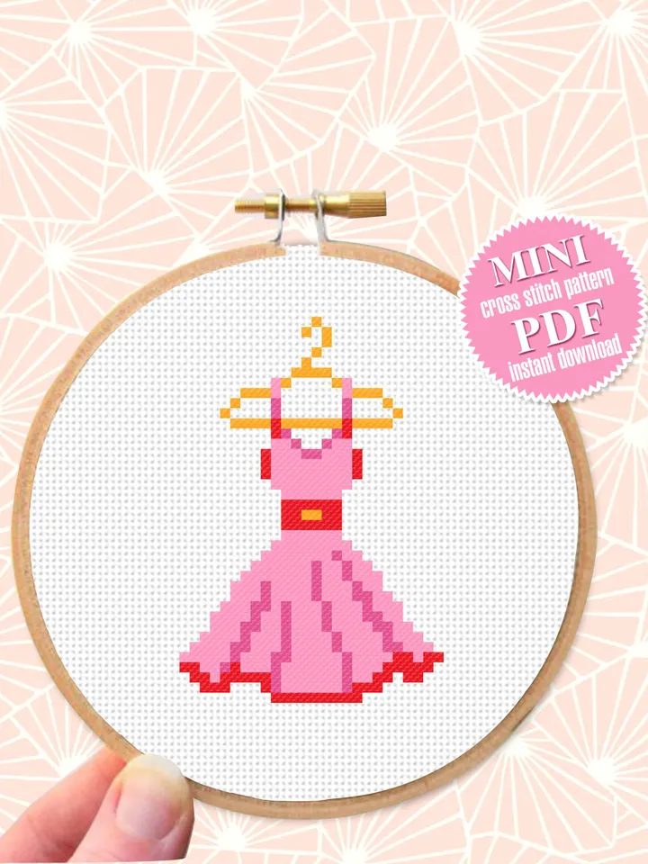 Pink dress small cross stitch pattern PDF Mini cross stitch chart, Minimalistic funny cross stitch Instant download PDF, Beginner stitch #O6