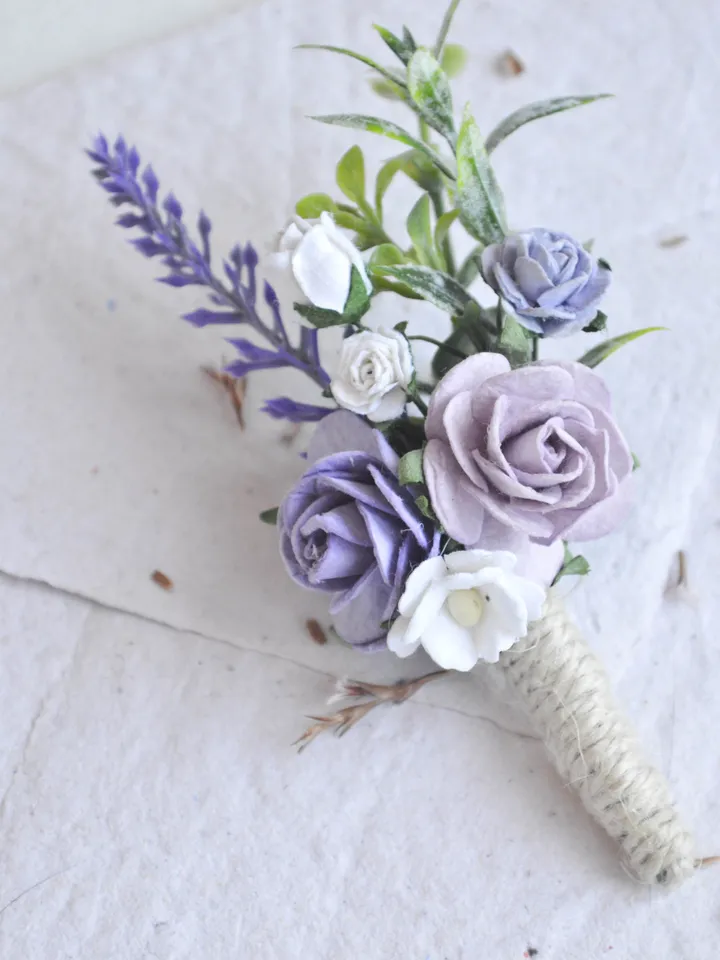 Lavender boutonniere, Purple rustic boutonniere, Pink white purple, Lavender wedding bouquet,Purple boutonniere,Lavender