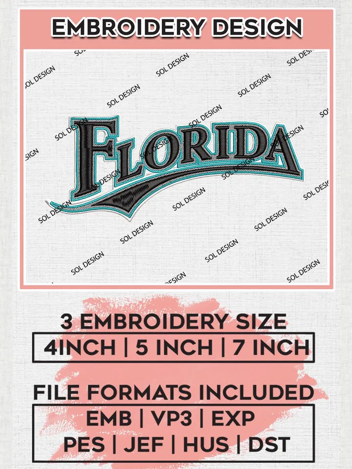 MLB Marlins Florida Wordmark Logo Embroidery Files, MLB Miami Marlins Team Embroidery, MLB Teams, 3 sizes, MLB Machine embroidery designs, Digital Download