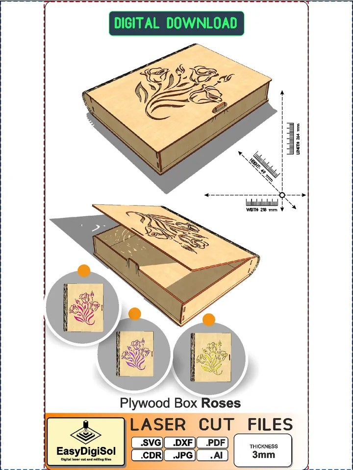 Wooden Gift Box Roses Digital Template for Laser Cutting Crafting
