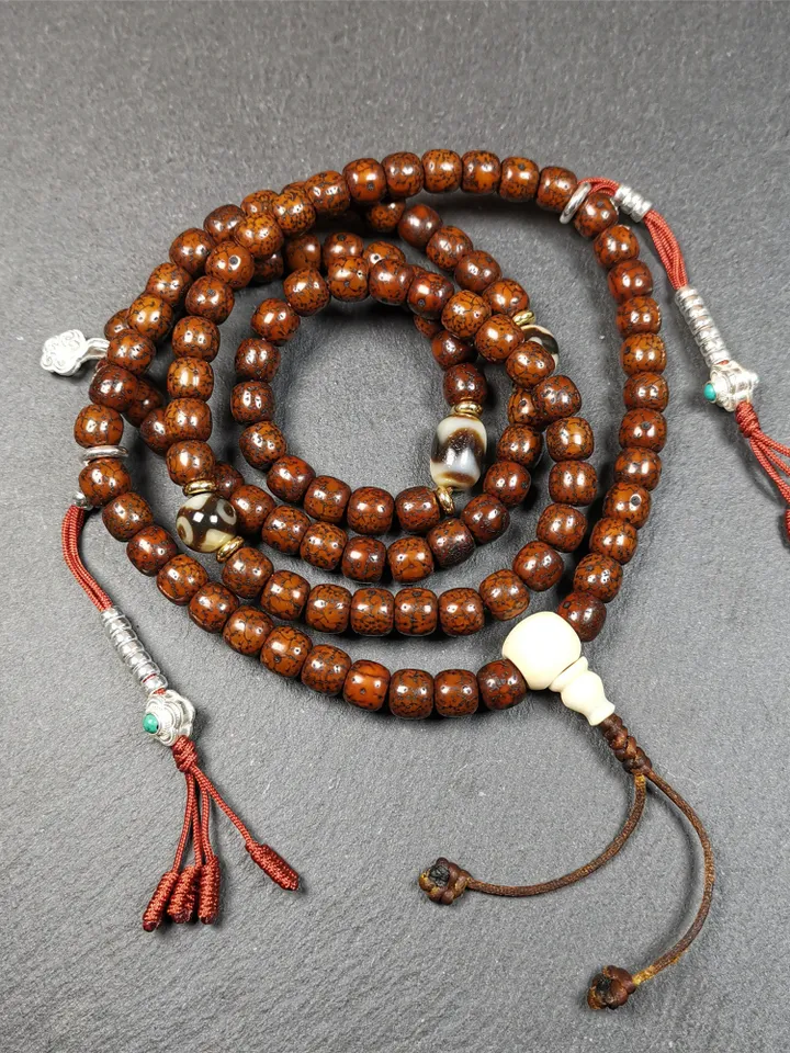 Gandhanra Old 108 Tibetan Lotus Seed Beads Mala,Prayer Beads Necklace for Meditation,Diameter 0.31", Circumference 33"