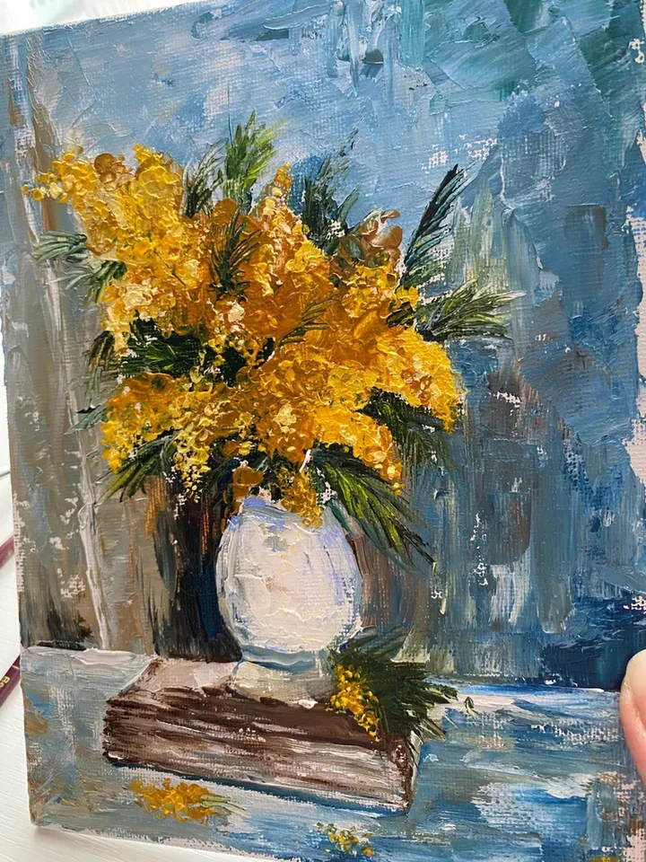 Mimosa. Picturesque still life, oil painting, canvas on cardboard - a unique gift.
