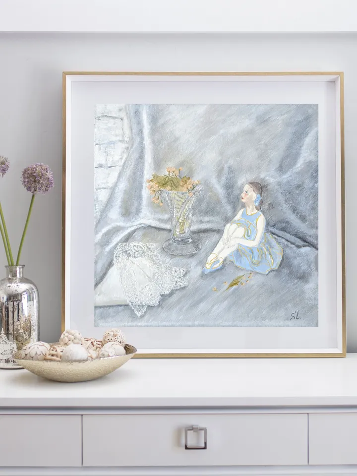 Oil painting, still life with a ballerina figurine, vase and delicate lace handkerchief. Vintage things. Miniature oil painting 12x12 inches