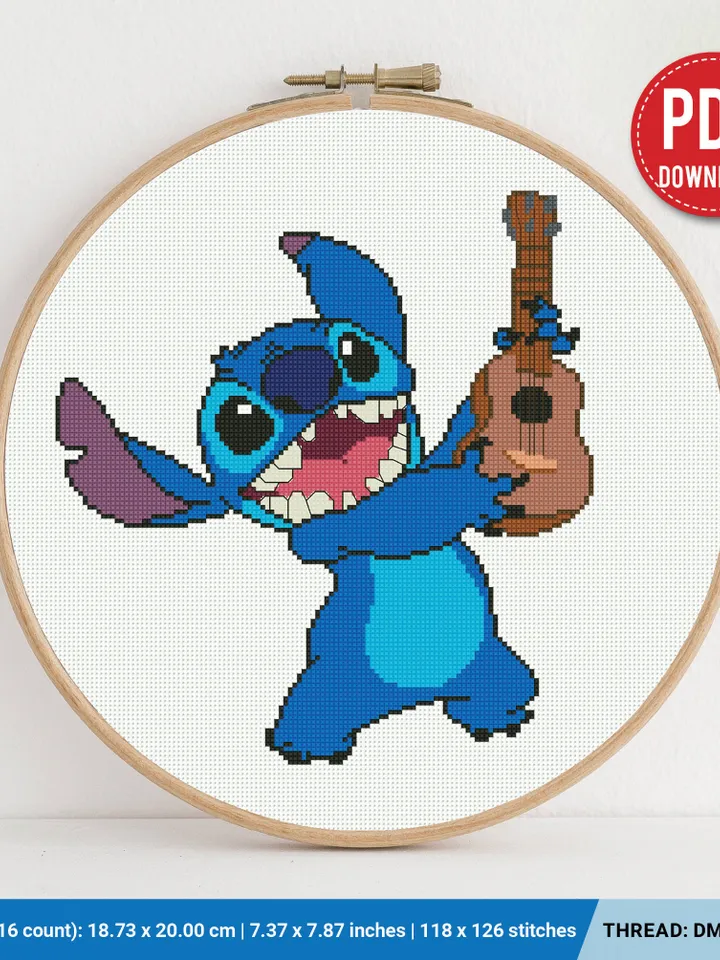Lilo and Stitch, Guitar cross stitch pattern, baby, Love Hawaii, nursery decor, counted, chart, gift DIY, embroidery, instant PDF
