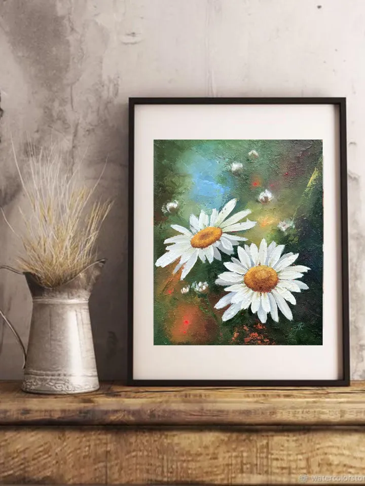 Daisies Painting Flowers Oil Wall Art Wildflowers Painting Field Wall Art