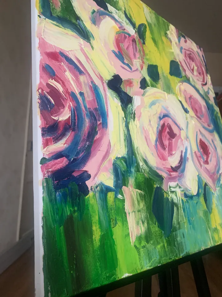 Pink peonies on a bright green background interior original impasto painting contemporary abstraction modern style