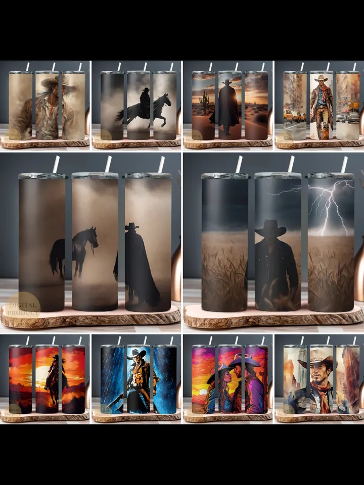 10 Western Cowboy 20 Oz Tumbler Wraps png Bundle, Cowboy and Cowgirl Bundle Sublimation Tumbler Designs png, Cowboy and Cowgirl on Horse