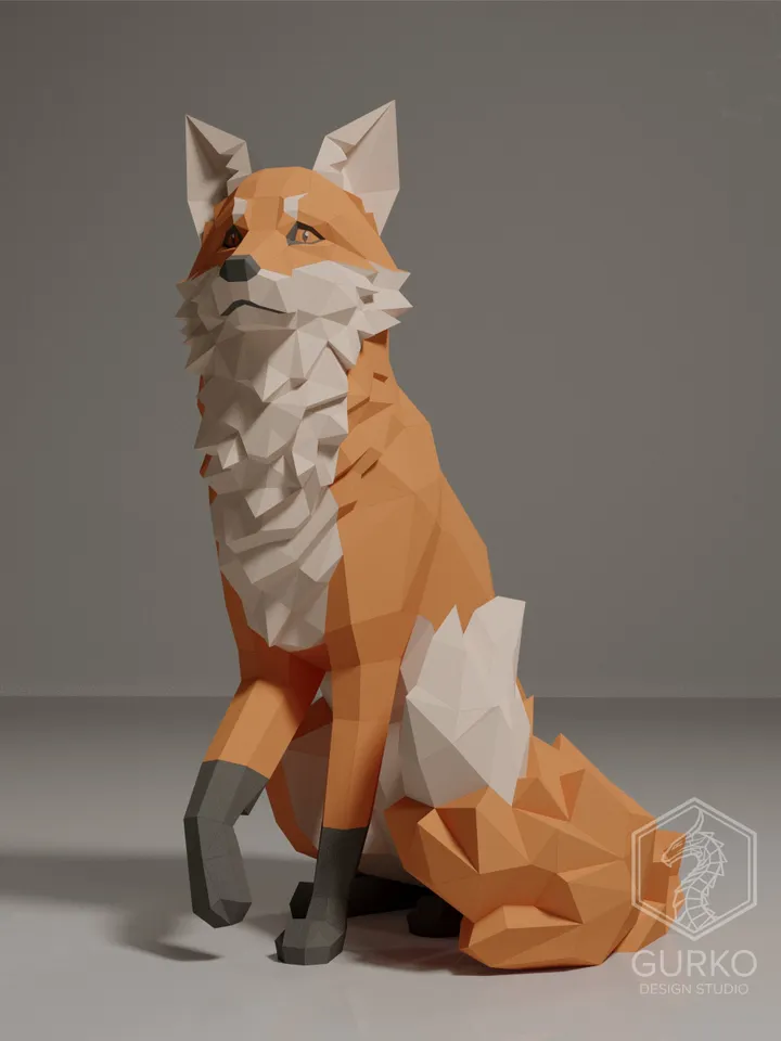 Sitting Fox Papercraft, Digital Template, PDF Download, Gurko, 3D LowPoly, Pepakura, DIY Origami Sculpture, Paper Party Decoration, DIY Gift