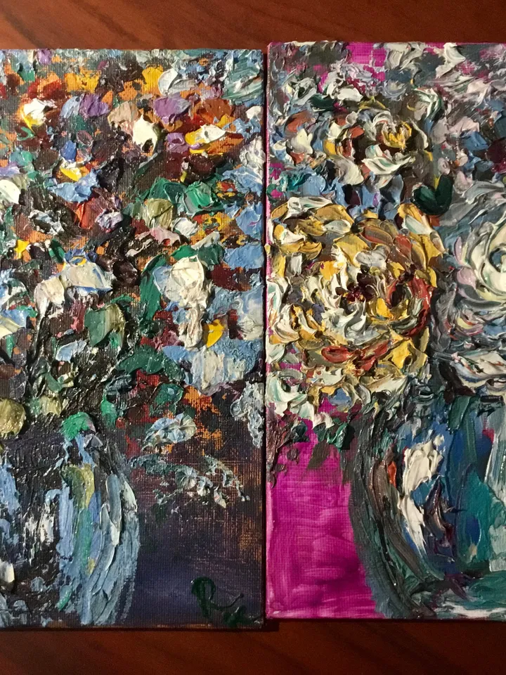 Triptych- original oil painting on canvas boards,flowers in a vase impasto style textured paintings, unique handmade gifts, home decoration.