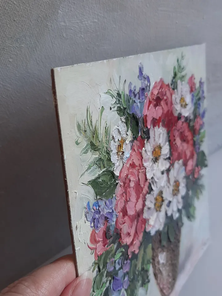 Small Flower oil painting Wildflowers Original art Textured Vaze wall art Yellow flowers painting