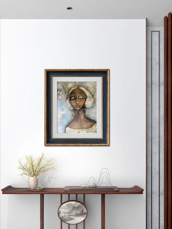 Katherine doll in Paris Photo paper poster made from my original unique mix media artwork, fantasy doll painting .