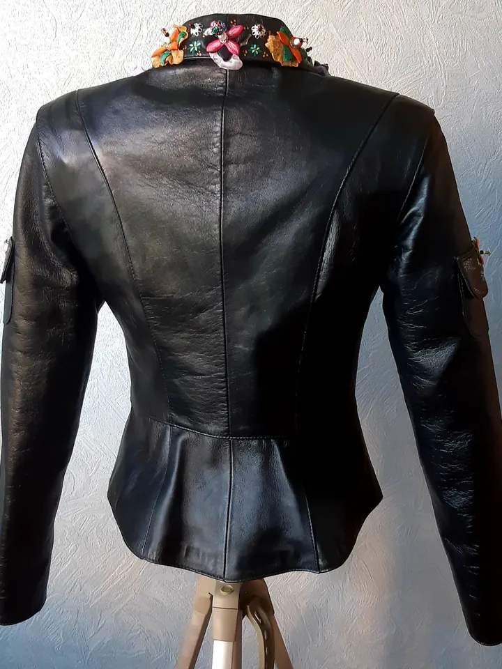 Ladie's Genuine Soft Lambskin Leather Jacket in Black. Handmade Embroidered Lacing Jacket with Pockets. New Casual Style Leather clothes.