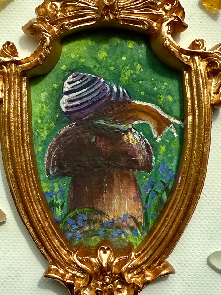 Snail Painting Original In Vintage Style Frame Small Framed Gobllincore Painting Art Slug Art Snail On Mushroom Portrait