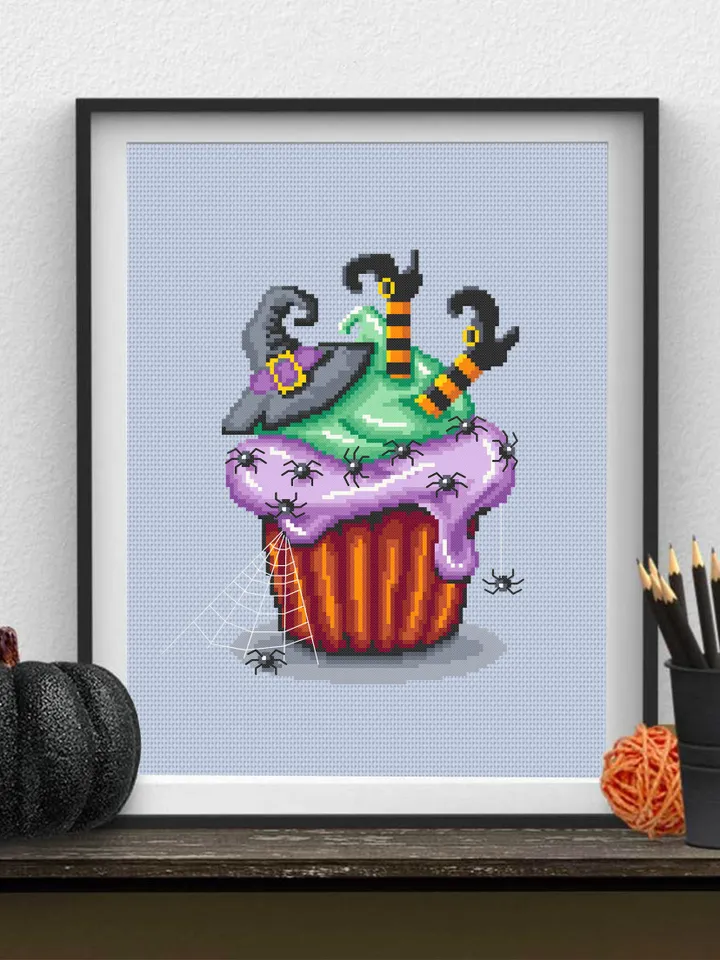 Halloween cupcake cross stitch pattern download PDF Witch cross stitch Dessert Beginner stitch Cute Halloween embroidery Sweet food #H15
