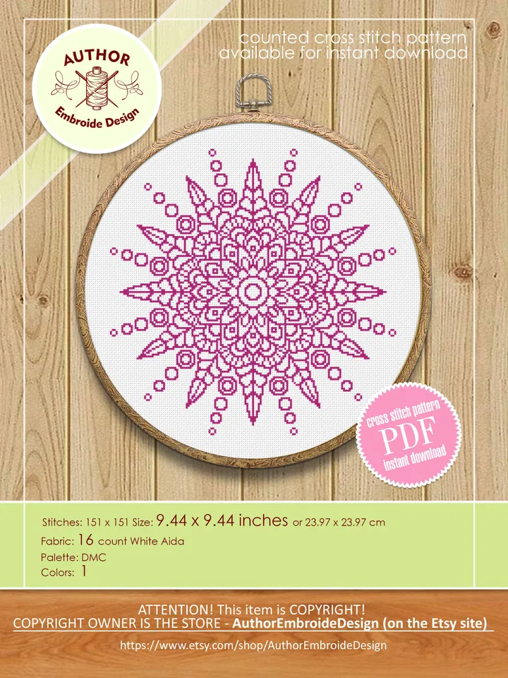 Flower mandala cross stitch pattern PDF download Mandala ornament cross stitch chart Monochrome mandala pattern digital PDF Home decor #M235