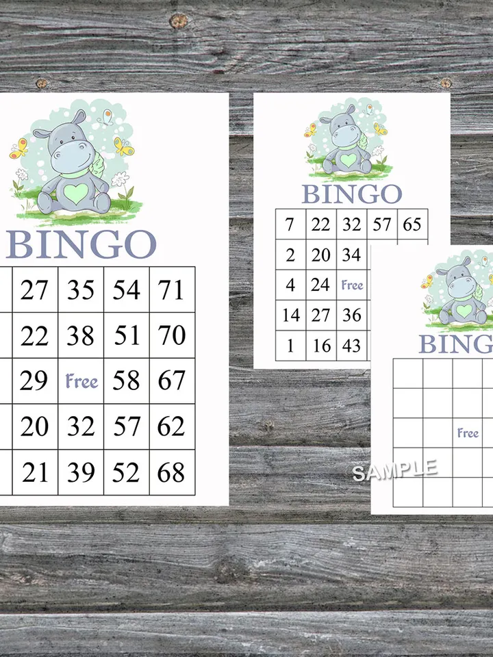Baby Hippo bingo cards,Baby Hippo bingo game,Baby Hippo printable bingo cards,60 Bingo Cards,INSTANT DOWNLOAD--304