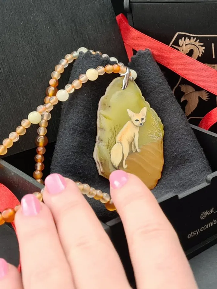 Desert fox fenech leather necklace Hand painted jewelry miniature painting