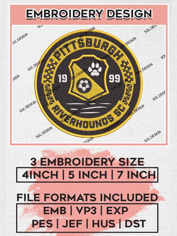 USLC Pittsburgh Riverhounds Logo Embroidery Designs, USLC Pittsburgh Riverhounds Embroidery Design, USLC Embroidery Design Files, USLC Logo, 3 sizes, Machine embroidery Files, Digital Download