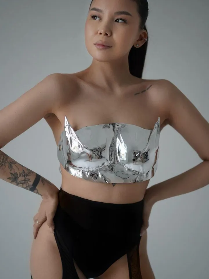 mirror corset, corset, burning man, festival wear, armor, strawberry wolf, women's corset, silver bra