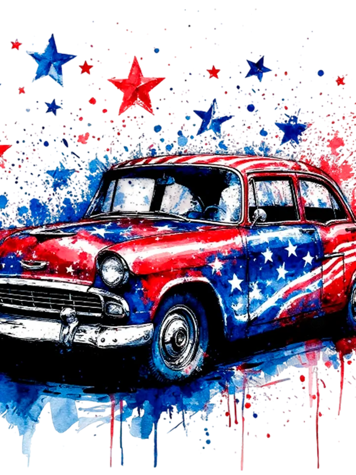Patriotic Classic Car Watercolor PNG