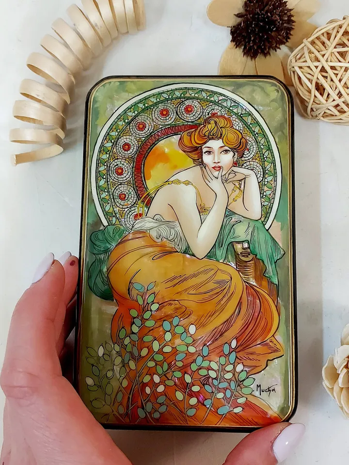 Beautiful Lacquer Box Alphonse Mucha "Topaz" Hand painted miniature painting jewelry box Mother of pearl Papier mache Art gift Fedoskino
