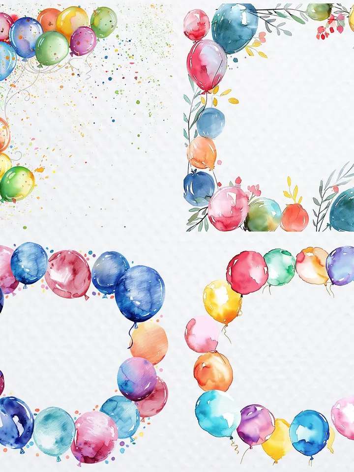 20 Birthday frame PNG Bundle, Balloons Printable Watercolor clipart for sublimation, Birthday card, Digital download, Paper crafts