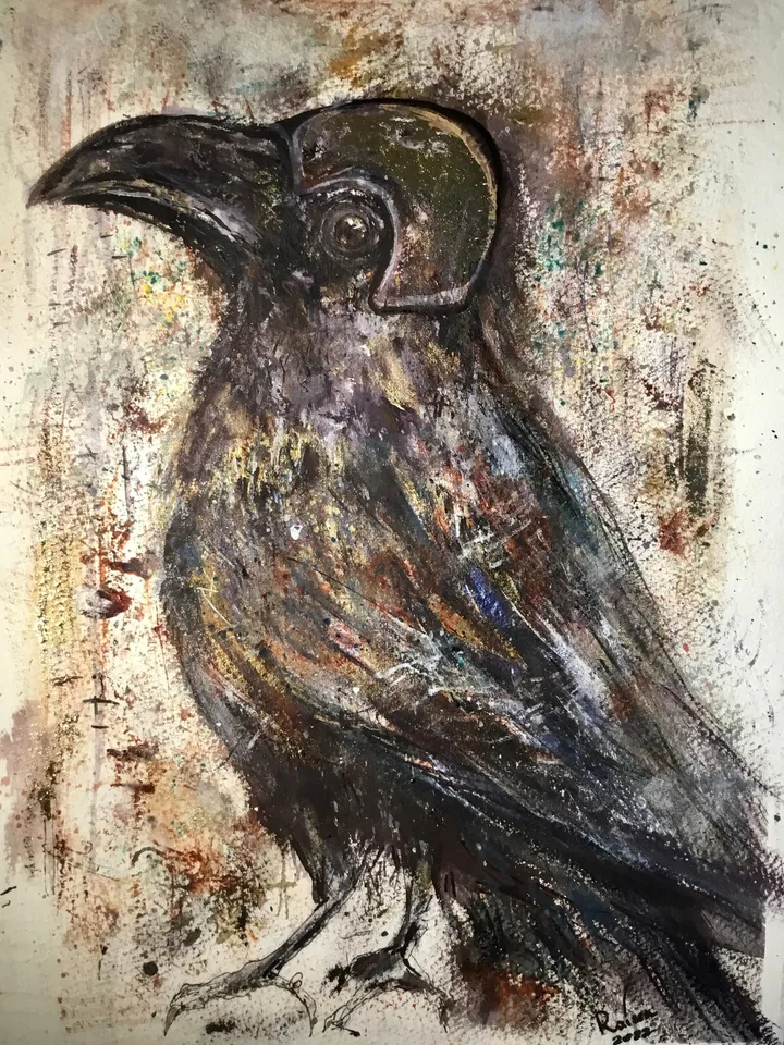 Fashion crow painting,funny crow modern mix media painting,original watercolour mix media artwork on watercolour paper,funny birds painting.