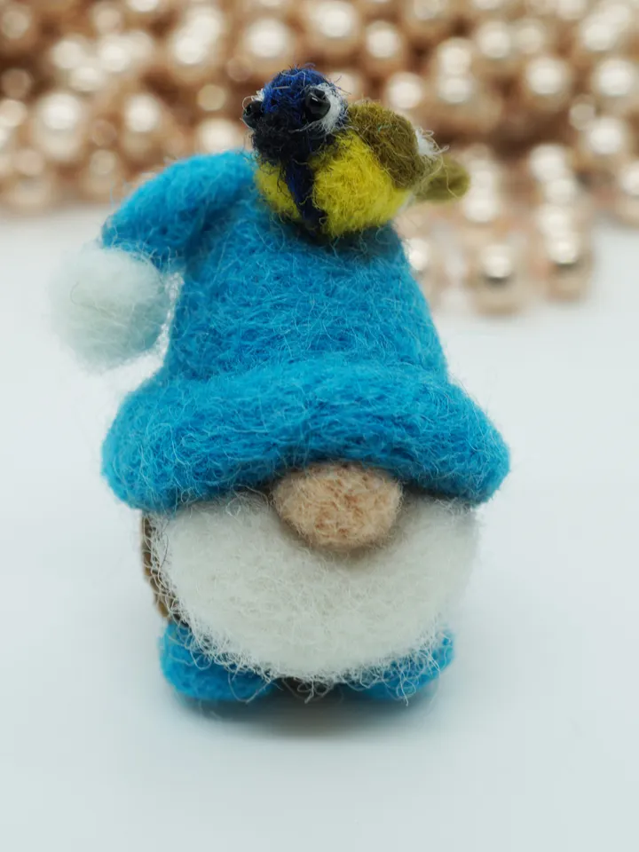Miniature needle felted gnome, spring gnome, blue tit, made to order