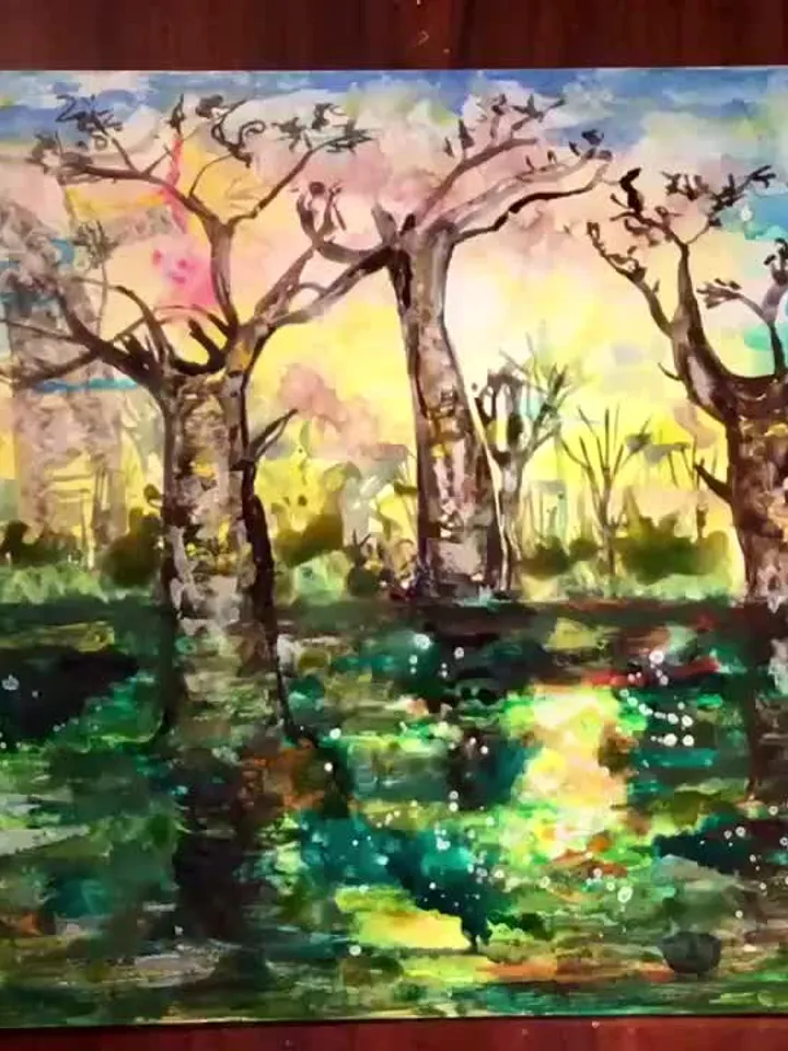 Baobabs,African landscape painting,original watercolour and alcohol inks painting yupo paper,mix media painting,unique handmade home decor.