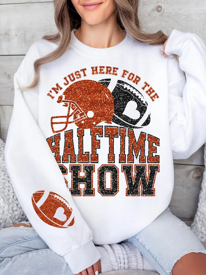 Just Here For Halftime Show Sparkly Faux Sequins Superbowl Png, Game Day Shirt Design, Trendy Superbowl Png, Orange Black Football PNG