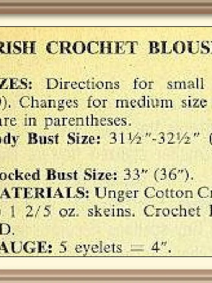 Vintage Crochet Pattern Irish Crochet Blouse Digital Download PDF