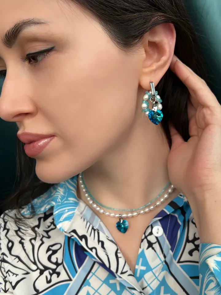 Natural Pearl Jewelry Set Necklace Earrings OCEAN HEART