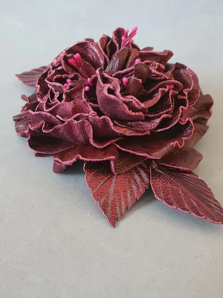 Bordo color rose leather brooch for her , 3rd anniversary gift for wife, Leather women's jewelry