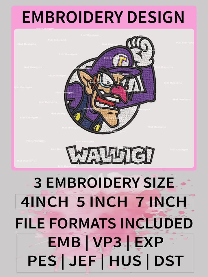 Waluigi Embroidery Design files, Super Mario Machine Embroidery Designs, Super Mario Bros Digital Download Embroidery