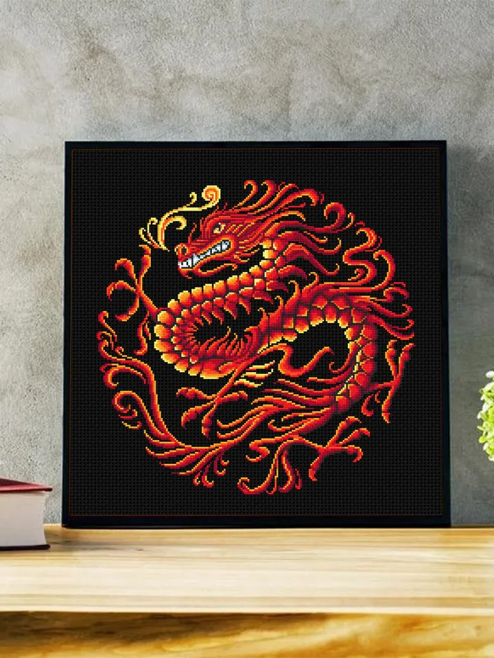 Red dragon cross stitch pattern PDF instant download Fantasy animal cross stitch chart, Dragon embroidery PDF, Chinese dragon ornament #D11