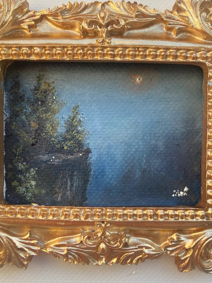 Small Landscape Oil Painting Framed Original Foggy Cliff Painting Antique Misty Art Gold Frame Tiny Paintings 3 x 4 Art