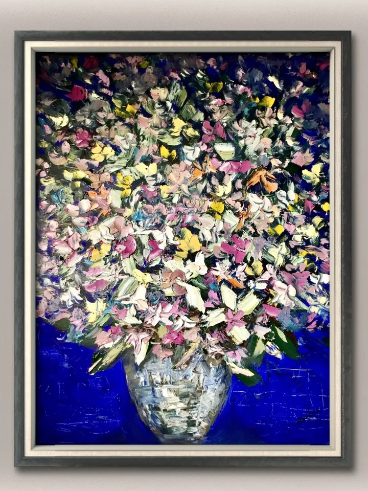 Flowers in a vase on blue background,posters from my original oil impasto painting on canvas,textured painting,colourful flowers wall art.