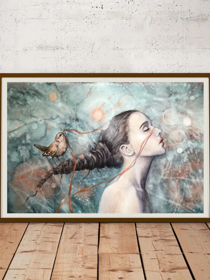 Woman Painting Original Woman with Bird Artwork Girl Watercolor Painting