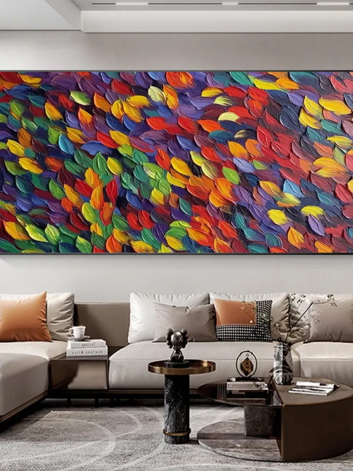 Original Rainbow Impasto Painting, Textured Abstract Art, Colorful Wall Art, 3D Canvas Art, Leaf Painting, Modern Art, Large Wall Decor