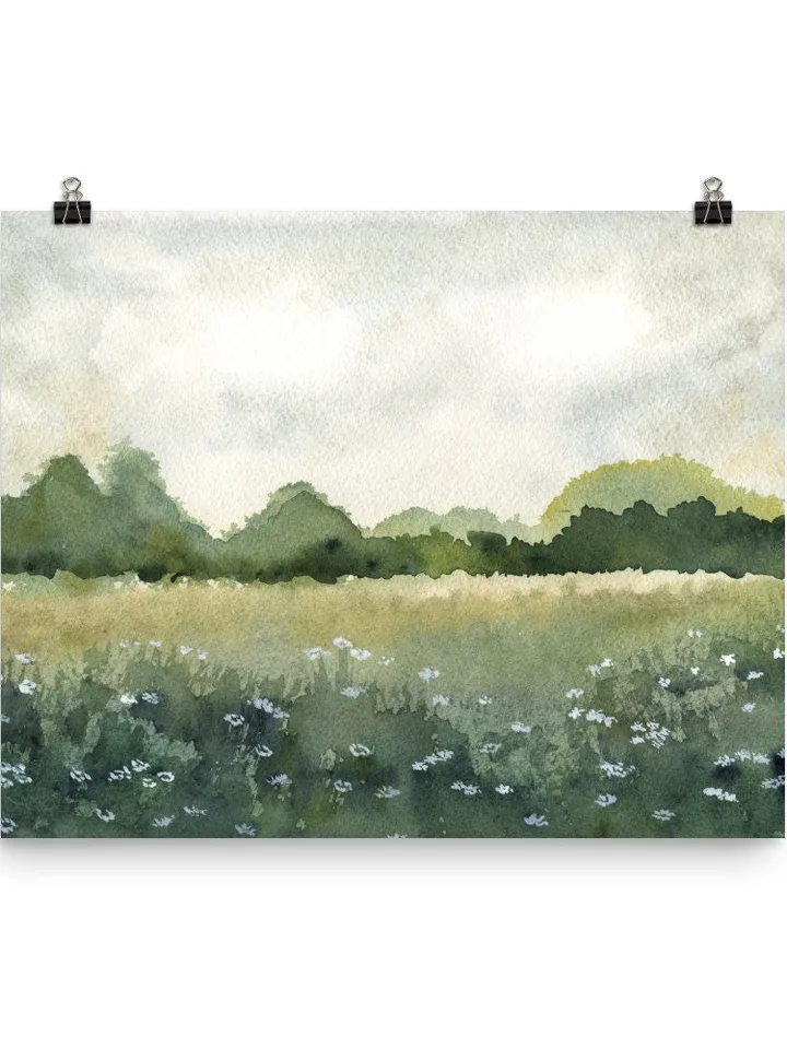 Summer Landscape Wild Flowers Print, Green Field Wall Art, Bed Room Art Print, Country Print, Sun Flower Painting, Neutral Green Print